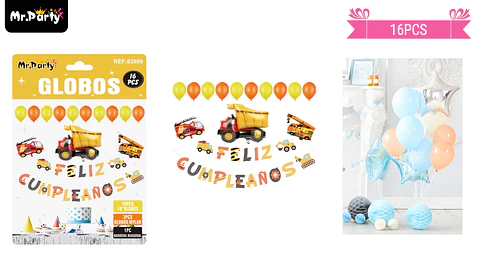 Set de globos látex y guirnalda con excavadora 16pcs