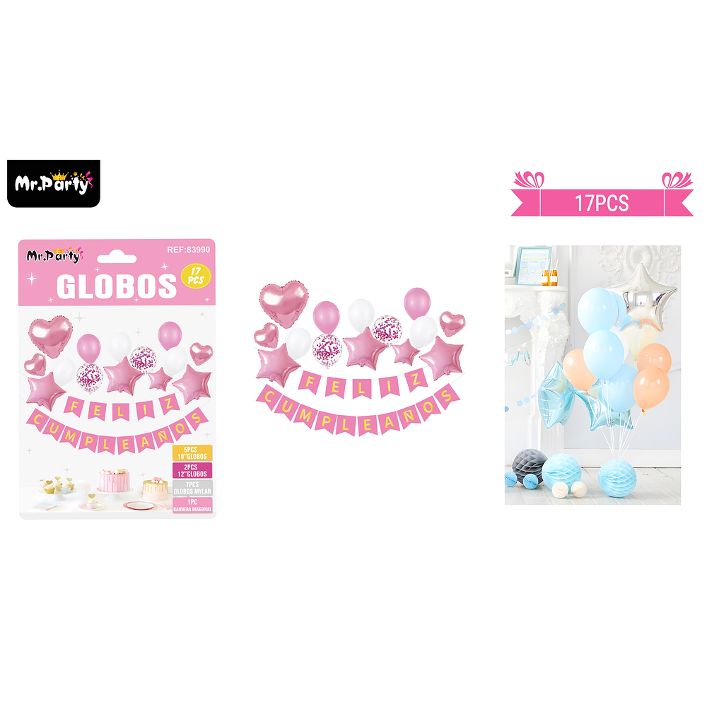 Set de globos látex y guirnalda con estrella rosado 17pcs