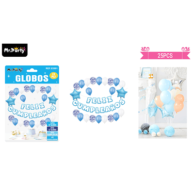 Set de globos látex y guirnalda con estrella azul 25pcs