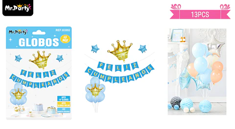Set de globos látex y guirnalda azul con corona 13pcs