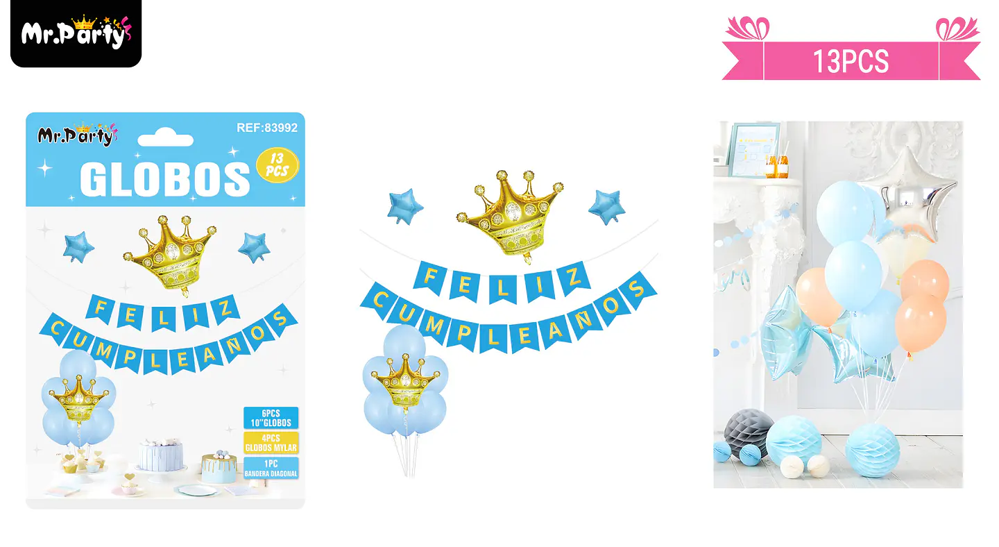 Set de globos látex y guirnalda azul con corona 13pcs 1