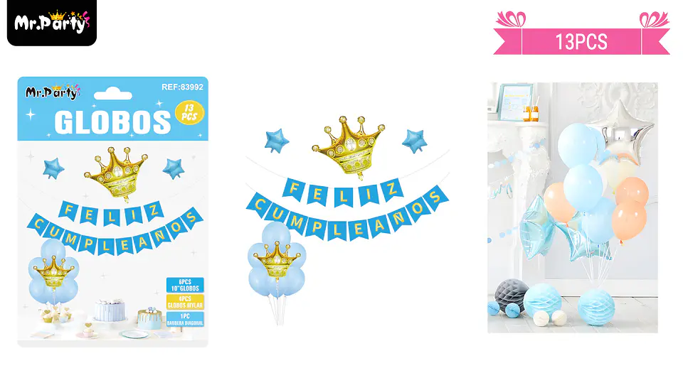 Set de globos látex y guirnalda azul con corona 13pcs 1