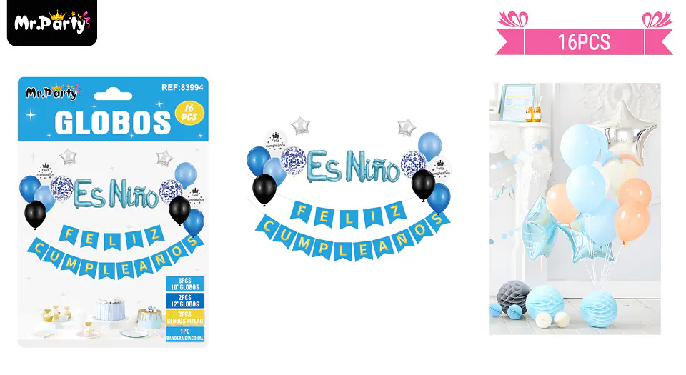 Set de globos látex y guirnalda azul es niño 16pcs 1