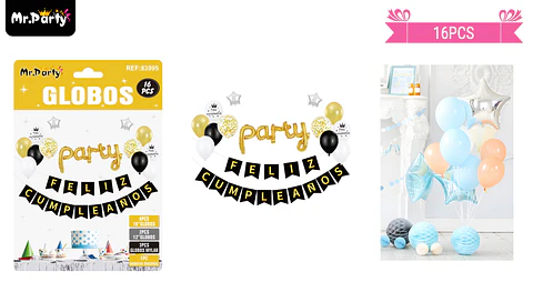 Set de globos látex y guirnalda dorado y negro 16pcs