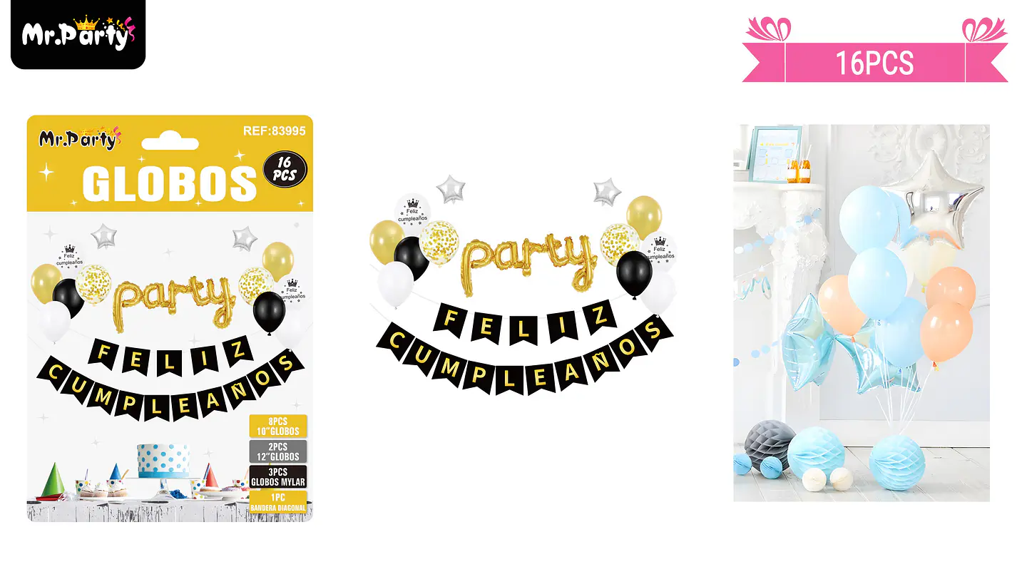 Set de globos látex y guirnalda dorado y negro 16pcs 1