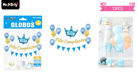Set de globos látex y guirnalda azul con corona 13pcs