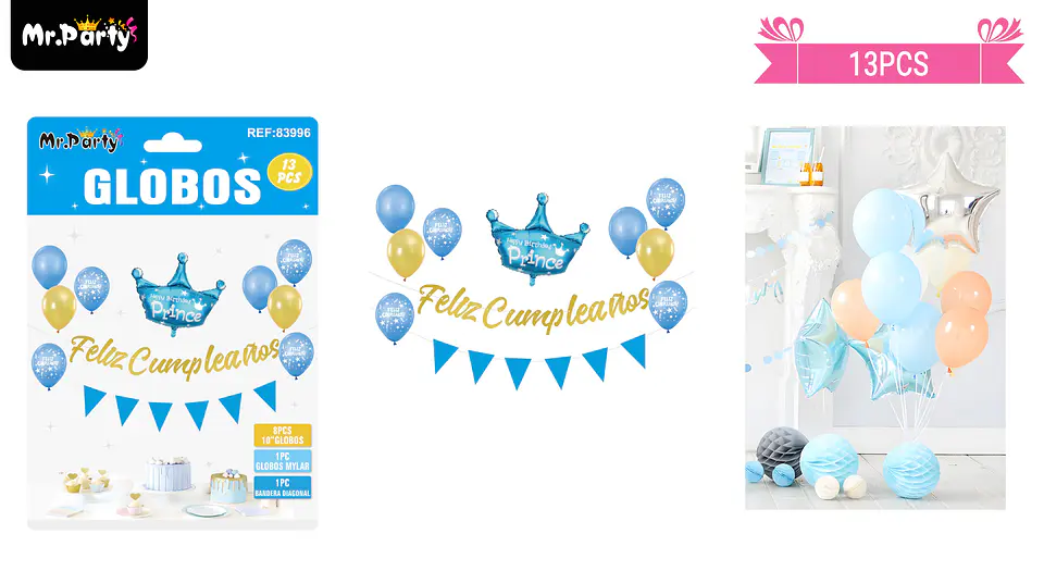 Set de globos látex y guirnalda azul con corona 13pcs 1