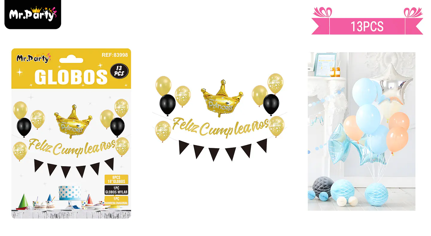 Set de globos látex y guirnalda dorado con corona 13pcs 1