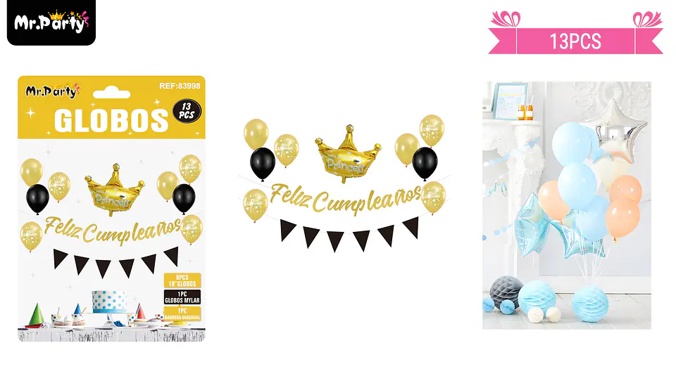 Set de globos látex y guirnalda dorado con corona 13pcs 1