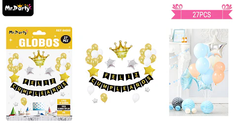 Set de globos látex y guirnalda con corona 27pcs