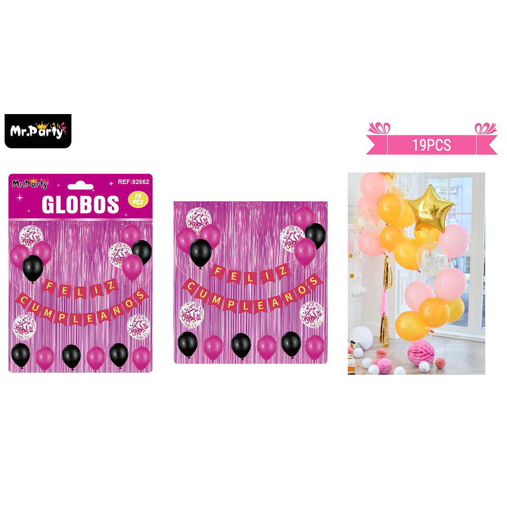 Set de globos látex y guirnalda con cortina fuscia 19pcs