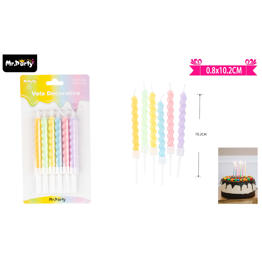 Velas espiral colores pasteles 10.2cm 6pcs