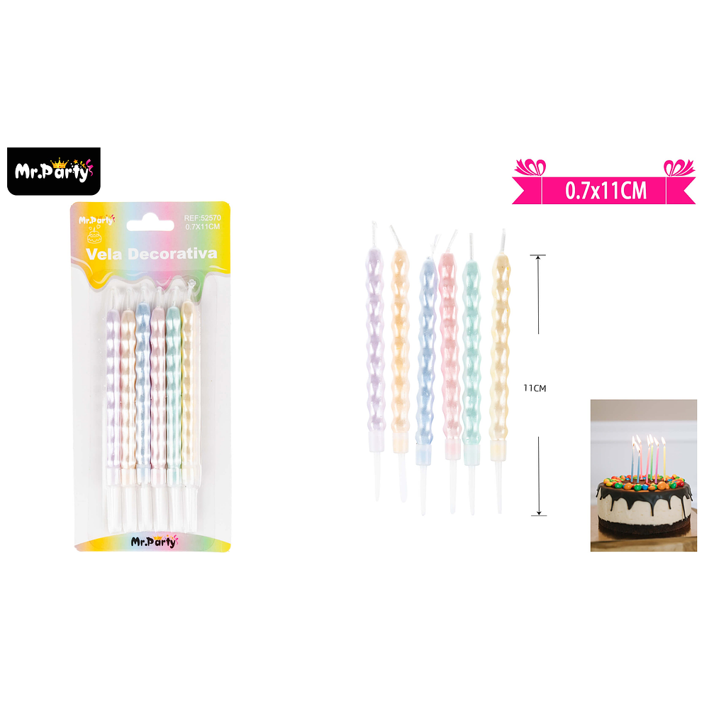 Velas espiral color pastel metálico 11cm 6pcs