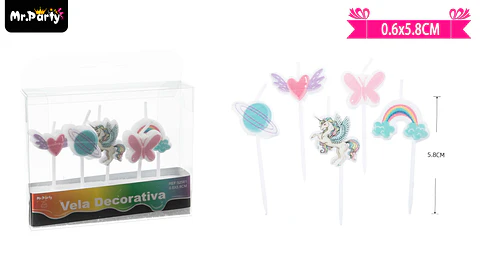 Velas de unicornio, mariposa, arcoíris, corazón y planeta 5.8cm 5pcs
