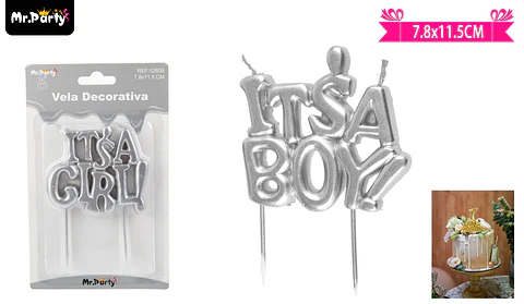Vela plateado baby shower It's a girl 11.5cm
