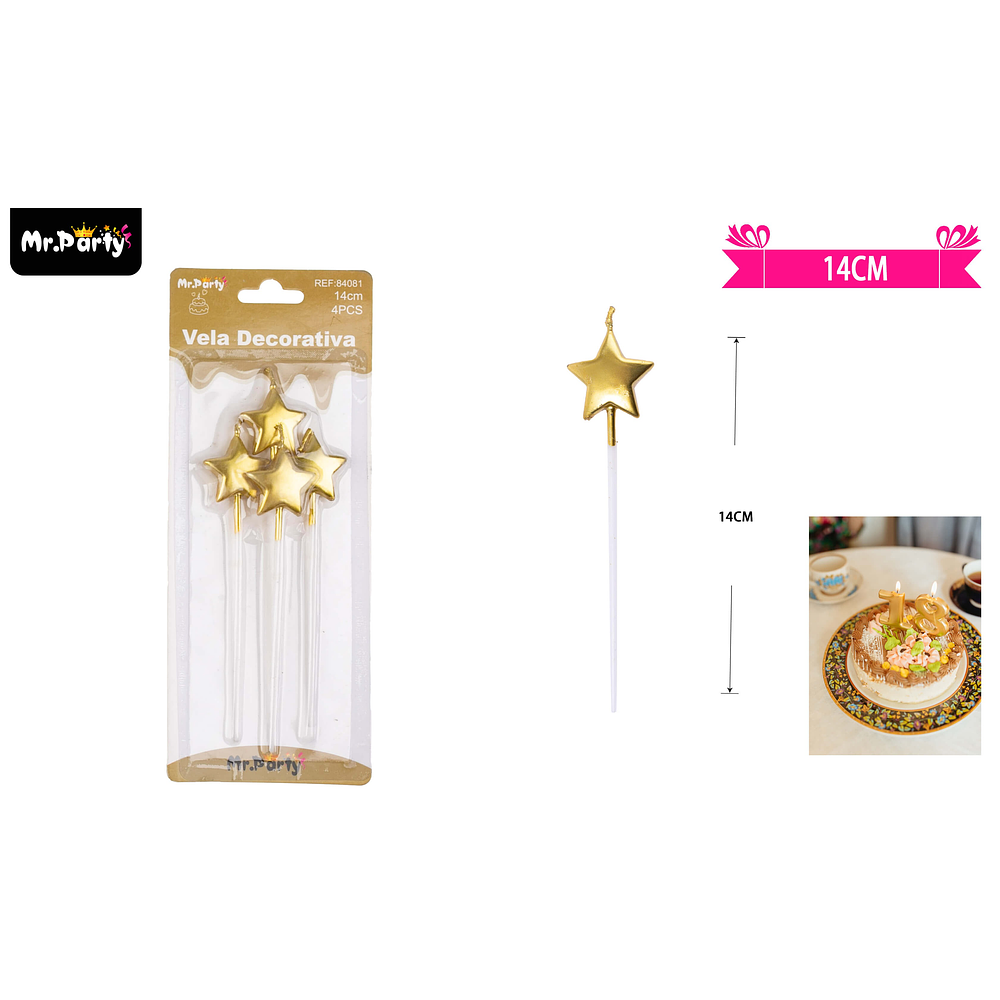 Velas de estrella dorado metálico 14cm 4pcs