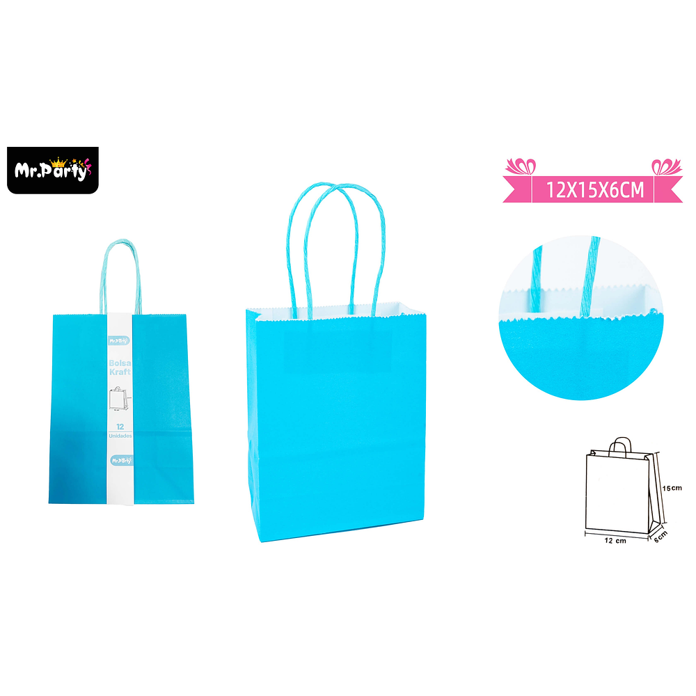 Bolsa de papel kraft mini celeste 12*15*6cm 12pcs