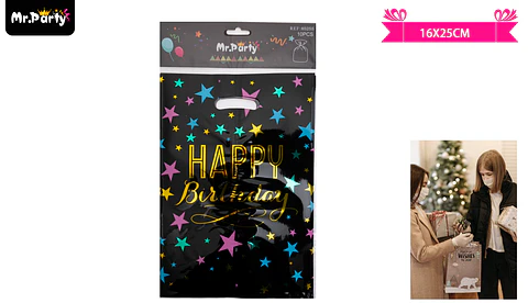Bolsas metalizadas negro estrella feliz cumpleaños 16*25cm 10pcs