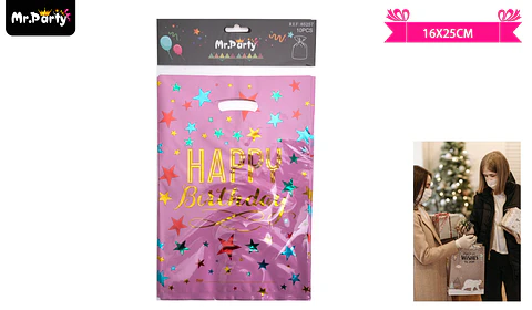 Bolsas metalizadas rosado estrella feliz cumpleaños 16*25cm 10pcs
