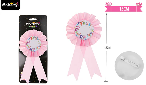 Insignia de feliz cumpleaños badge con encaje rosado 15cm