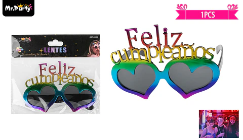 Lentes cotillón corazón feliz cumpleaños multicolor 1pcs