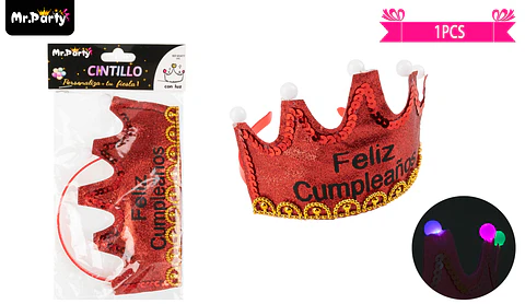 Corona rojo con luz feliz cumpleaños