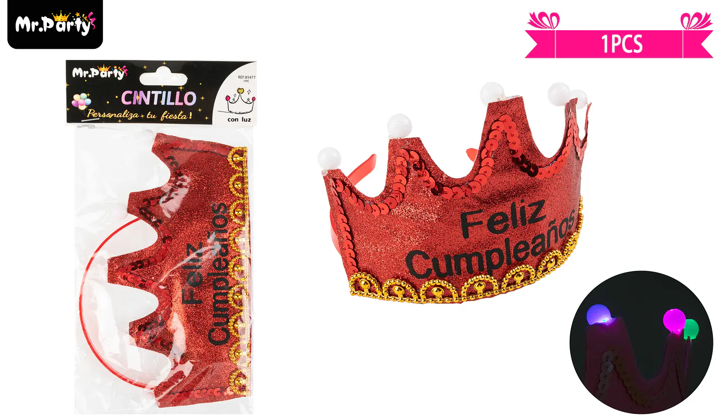 Corona rojo con luz feliz cumpleaños 1