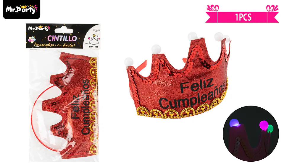 Corona rojo con luz feliz cumpleaños 1
