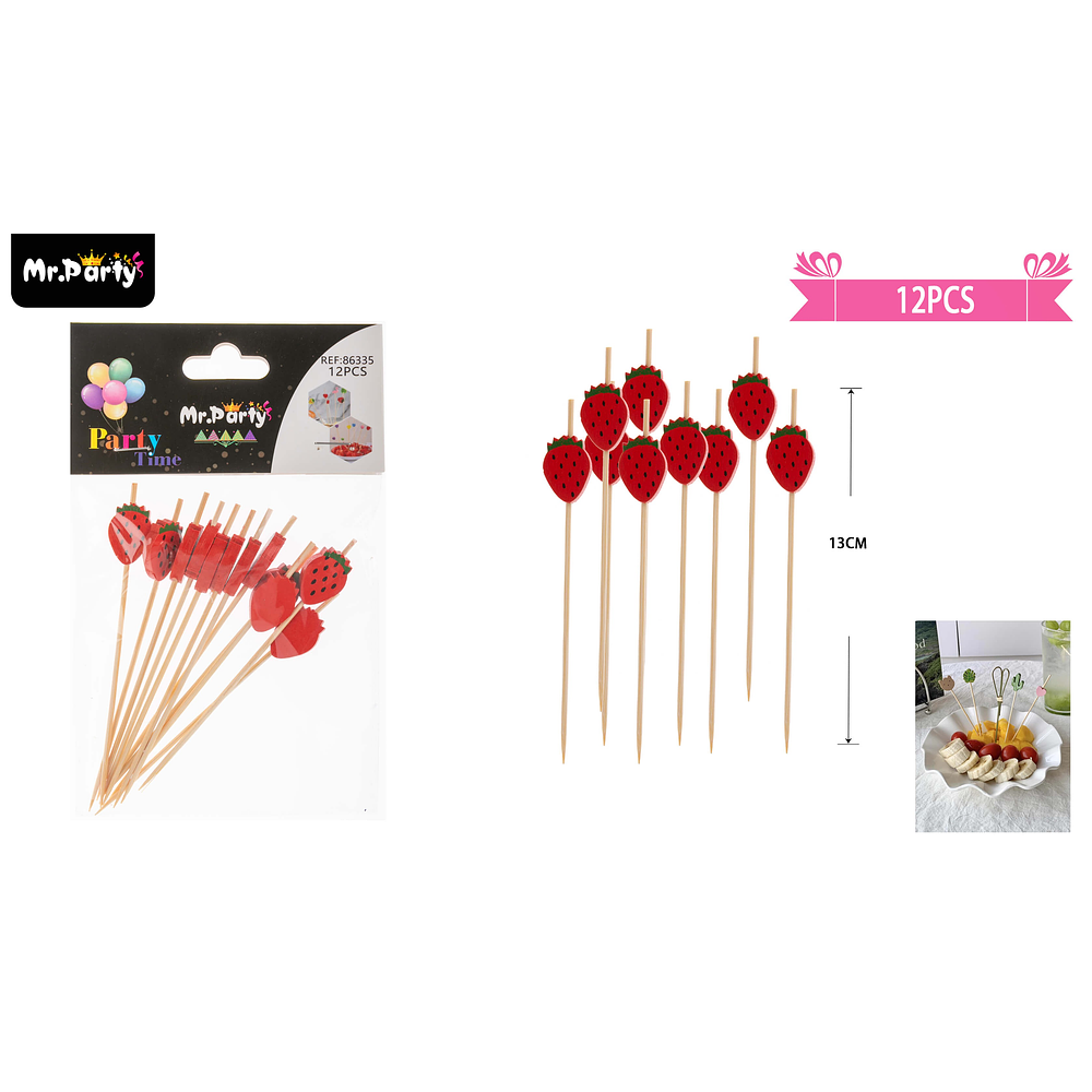 Brochetas para frutas con diseño frutillas 13cm 12 pcs