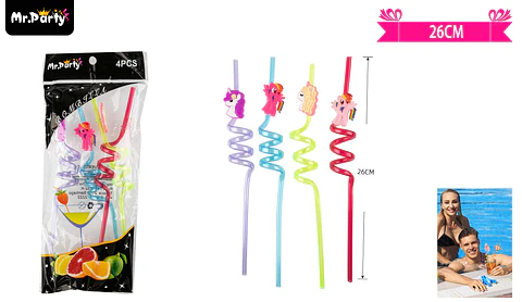 Set de bombillas plásticas unicornios 26cm 4pcs