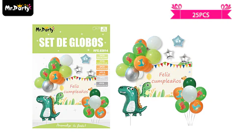 Set de globos látex de dinosaurios con fondo 25pcs