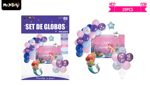 Set de globos látex de sirena con fondo 29pcs