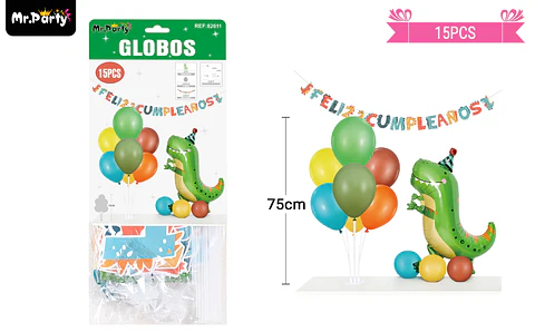 Set de globos con base y guirnalda dinosaurio 15pcs