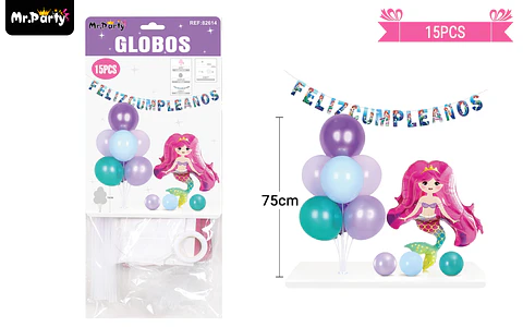 Set de globos con base y guirnalda sirena 15pcs