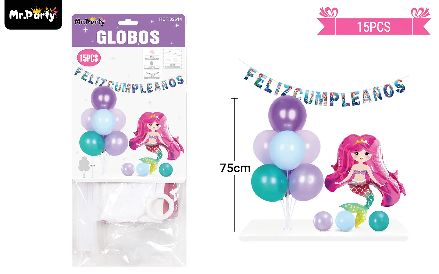 Set de globos con base y guirnalda sirena 15pcs 1
