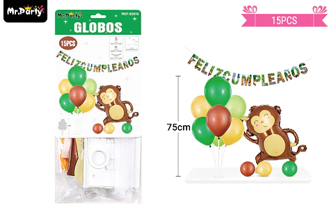 Set de globos con base y guirnalda mono 15pcs