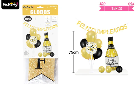 Set de globos con base y guirnalda negro y dorado 15pcs
