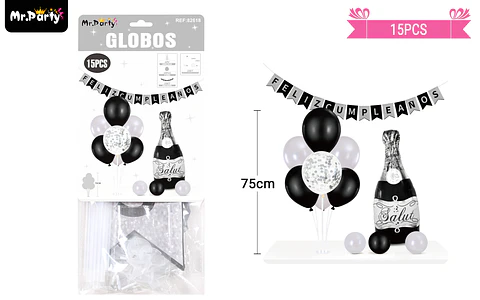 Set de globos con base y guirnalda negro y plateado 15pcs