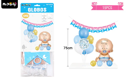 Set de globos con base y guirnalda baby shower azul 15pcs