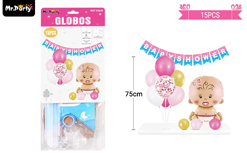 Set de globos con base y guirnalda baby shower rosado 15pcs