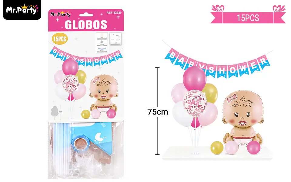 Set de globos con base y guirnalda baby shower rosado 15pcs 1