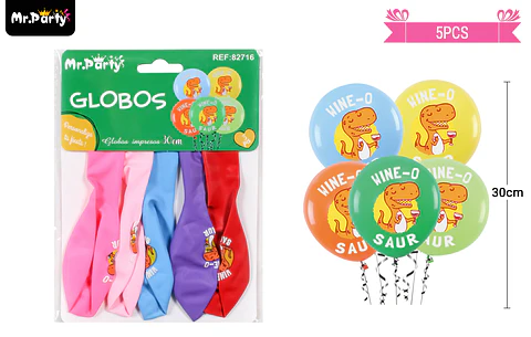 Globos de látex mate multicolor con dinosaurios 30cm 5pcs