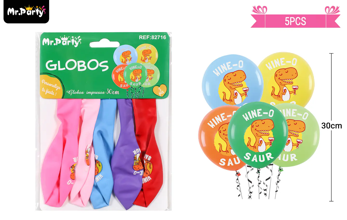 Globos de látex mate multicolor con dinosaurios 30cm 5pcs 1