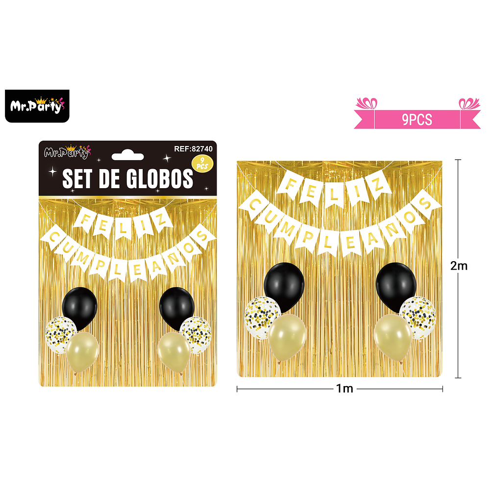 Set de globos y guirnalda con cortina dorado 9pcs