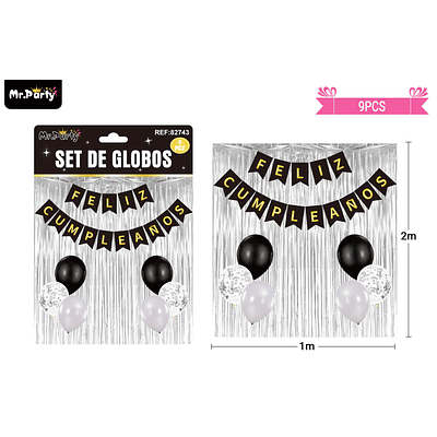 Set de globos y guirnalda con cortina plateado 9pcs