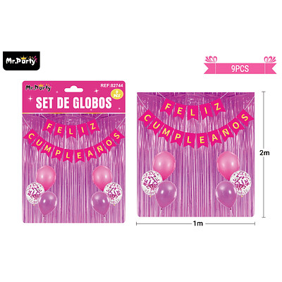 Set de globos y guirnalda con cortina fuscia 9pcs