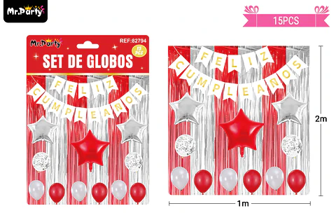 Set de globos y guirnalda con cortina rojo plateado 15pcs