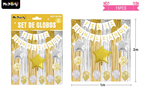Set de globos y guirnalda con cortina dorado plateado 15pcs