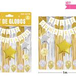 Set de globos y guirnalda con cortina dorado plateado 15pcs