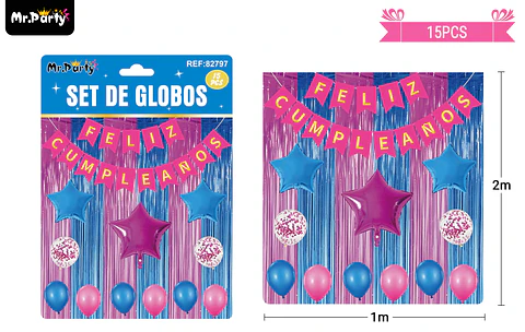 Set de globos y guirnalda con cortina rosa azul 15pcs